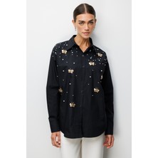 Ekol Kadın Kelebek ve Inci Işlemeli Pamuk Gömlek 2802 Siyah