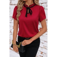 Nidam Butik Kadın Kısa Kollu Yakası Fırfırlı Bağcıklı Janjan Krep Bluz