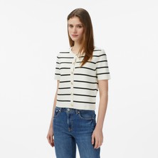 Nautica Kadın Krem Regular Fit Kolsuz Çizgili Polo Yaka T-Shirt 65K508T.1MA