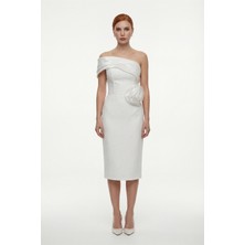 Lafaba Kadın Beyaz Kayık Yaka Incili Söz Nişan Nikah Abiye Elbise