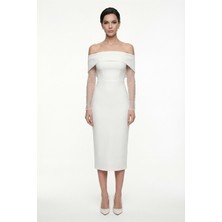 Lafaba Kadın Beyaz Kayık Yaka Incili Midi Söz Nişan Nikah Abiye Elbise