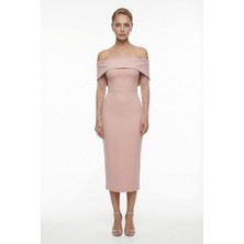 Lafaba Kadın Pudra Kayık Yaka Incili Midi Söz Nişan Nikah Abiye Elbise