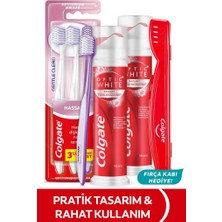 Colgate Optic White Radiant Pump 100 ml 2li Diş Macunu, Gentle Clean 2+1 Diş Fırçası + Fırça Kabı Hediye