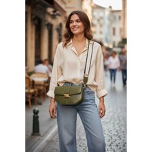Milabella Roma Kanvas Şerit Askılı Gold Tokalı Haki Cilt Trend Kadın Omuz Çantası