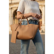 Glemix Robin Camel Rengi Cilt Big Shopper Cüzdanlı Kadın Omuz Çantası