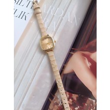 Milabella Seraphina Krem Kroko Deri Kordonlu Yeşil Kare Minimal Kadın Kol Saati