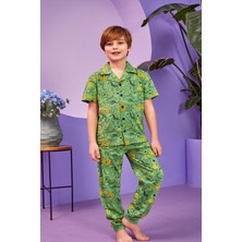 Bunny Hopp Dinozor Desenli Yazlık Erkek Çocuk Pijama Takımı - Düğmeli Gömlek Yakalı %100 Pamuklu Takım