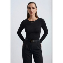 Qaju Kadın Uzun Kollu Bisiklet Yaka Basic Bluz -Siyah