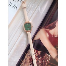 Milabella Isabelle Krem Deri Kordonlu Yeşil Kare Minimal Kadın Kol Saati