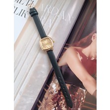 Milabella Madelyna Siyah Deri Kordonlu Yeşil Kare Minimal Kadın Kol Saati