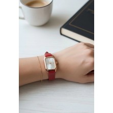 Milabella Gwendolyn Bordo Cilt Deri Kordonlu Dikdörtgen Minimal Kadın Kol Saati