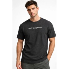Erkek Wafıl Kumaş Tişört Regular Kalıp Bisiklet Yaka Baskılı Günlük Basic T-Shirt - Siyah