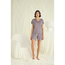 Zenvia  Kısa Kollu Dantelli V Yaka Şort Takımı