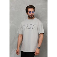Glam Love Bisiklet Yaka Baskılı Oversize T-Shirt - Gri