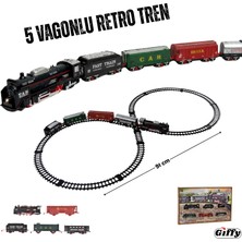 Giffy Oyuncak 19 Parça Retro 5 Vagonlu Işıklı Tren Seti 91 cm Ray Uzunluğu 5 Vagonlu 8 Şeklinde Ray Dizilimi 3 Farklı Ray Kombinasyonu