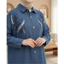 Modamorfo Pul Payetli Metal Düğmeli Salaş Kot Gömlek -İndigo