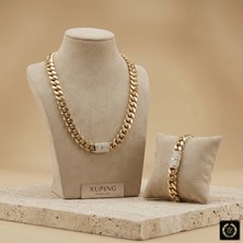 Xuping Jewelry Vıp Seri 14K Gold Renk Taşlı Kilit Detaylı Kalın Gurmet Zincir Kolye Bileklik Seti