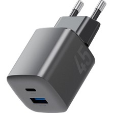 Energea Ampcharge Mini 45 1 Adet 45W Type-C ve 30W USB Çıkışlı Pd Pps Qc 3.0 Gan Hızlı Şarj Aleti - Siyah