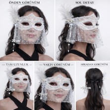 LTG Nova Beyaz Dantel Tüllü Peçeli Parti Maskesi – Tüylü Inci Detaylı