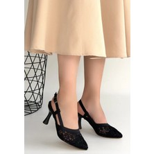 Trivogue Ceta Siyah Cilt Tül Detaylı Topuklu Ayakkabı