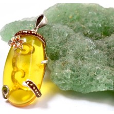 Doğaltaş Damla Kehribar Mine Işlemeli Gümüş Kolye