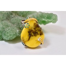 Doğaltaş Damla Kehribar Mine Işlemeli Gümüş Kolye