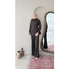 Miraydin Butik Taş Detaylı Belden Bağlamalı Kot Takım - Kahverengi