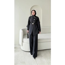 Miraydin Butik Hare Taşlı Belden Bağlamalı Pantolonlu Takım - Siyah
