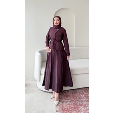 Miraydin Butik Tek Düğmeli Ceket ve Pileli Etek Takım - Mürdüm