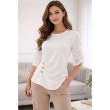 Aura Boutique Moda Kadın Ekru Drape Detaylı Gold Düğmeli Bluz – Bisiklet Yaka 3/4 Kol Şifon Görünümlü Şık Bluz