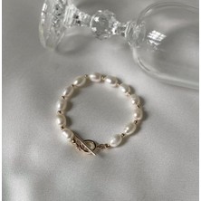 Taşmir Sertifikalı Büyük Arpa Inci Bileklik - Altın Kaplama Aparatlar