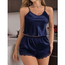 Bleu Petite Saten Kumaş Dantelli Şortlu Pijama Takım
