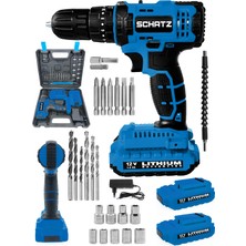 Schatz 12V 1.5 Ah Darbeli Lithium Çift Akülü Bakır Sargılı Şarjlı Vidalama Matkap 24 Parça Setli Mavi