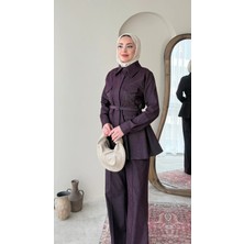 Miraydin Butik Taş Detaylı Belden Bağlamalı Kot Takım - Mürdüm