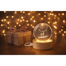 Mg Concept 3D Geyik Kristal Küre Gece Lambası Ahşap LED Tabanlı Usb’li Dekoratif Masa Lambası