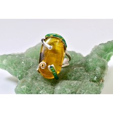 Doğaltaş Damla Kehribar Mine Işlemeli Gümüş Yüzük