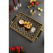 altabi Dijital Baskılı Cam Servis Tepsisi – Selçuklu Desenli, Metal Kulplu 46X28 cm