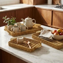 Urfakent Buffer® Iç Içe Geçebilen 3’lü Dikdörtgen Plastik Rattan Tepsi Seti–hasır Görünümlü Çok Amaçlı Servis ve Sunum Tepsileri