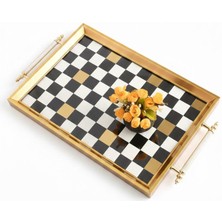 altabi Dijital Baskılı Cam Servis Tepsisi – Dama Motifli, Metal Kulplu 46X28 cm