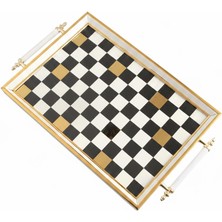 altabi Dijital Baskılı Cam Servis Tepsisi – Dama Desenli, Metal Kulplu 46X28 cm