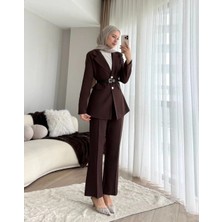 Miraydin Butik Double Kumaş Kemerli Ceket ve Pantolon Takım - Kahverengi