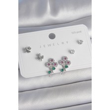 Hopinip Pirinç Gümüş Renk Renkli Zirkon Taşlı Çiçek Model Yaprak Detay 925 Ayar Gümüş Çivi Kadın Küpe Seti - Lisinya