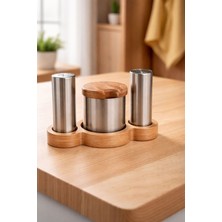 Feyza Design Paslanmaz Çelik Ahşap Standlı Tuz ve Biberlik Seti, Şık Masa Üstü Baharatlık