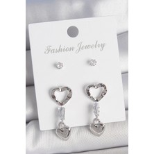 Hopinip Pirinç Gümüş Renk Zirkon Taş Detaylı Sallantı Model 2 Çift Kadın Küpe Seti - Lisinya