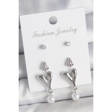 Hopinip Pirinç Gümüş Renk Zirkon Taşlı Sallantılı Kalp Model 3 Çift Kadın Küpe Seti - Lisinya