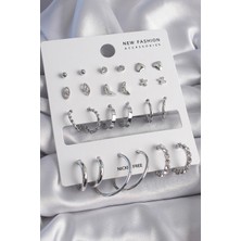 Hopinip Pirinç Gümüş Renk 12 Çift Kadın Küpe Seti - Lisinya