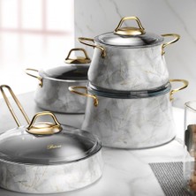 Brioni Beyaz Mermer 8 Parça Tencere Seti