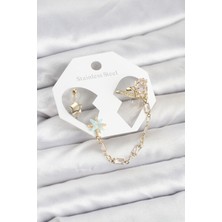 Hopinip Yıldız Model Pirinç Gold Renk Zincir Bağlantılı Ear Cuff Küpe Seti - Lisinya