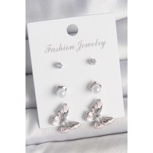 Hopinip Pirinç Gümüş Renk Zirkon Taşlı Inci Detaylı Kelebek Model 3 Çift Kadın Küpe Seti - Lisinya