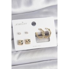 Hopinip Pirinç Gold Renk Burgu Halka Model Zirkon Taşlı Kare Detay 3 Çift Kadın Küpe Seti - Lisinya